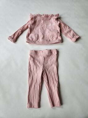 Ribbed Pink Two-Piece Baby Set Ruffled Top With Leggings "Loved"
